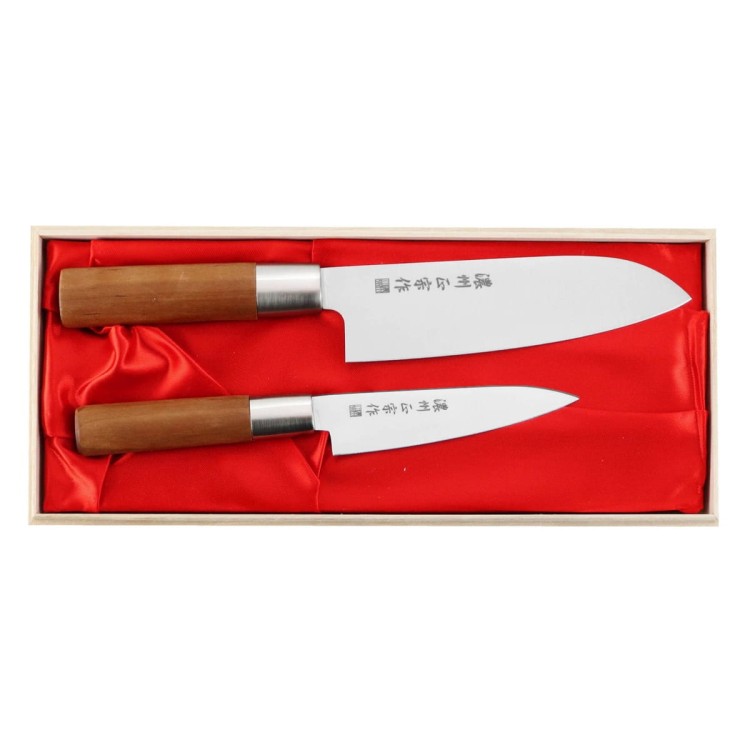 Satake Masamune Japoński Zestaw 2 Noży Nóż Santoku 17cm i Uniwersalny 12cm w Drewnianym Etui