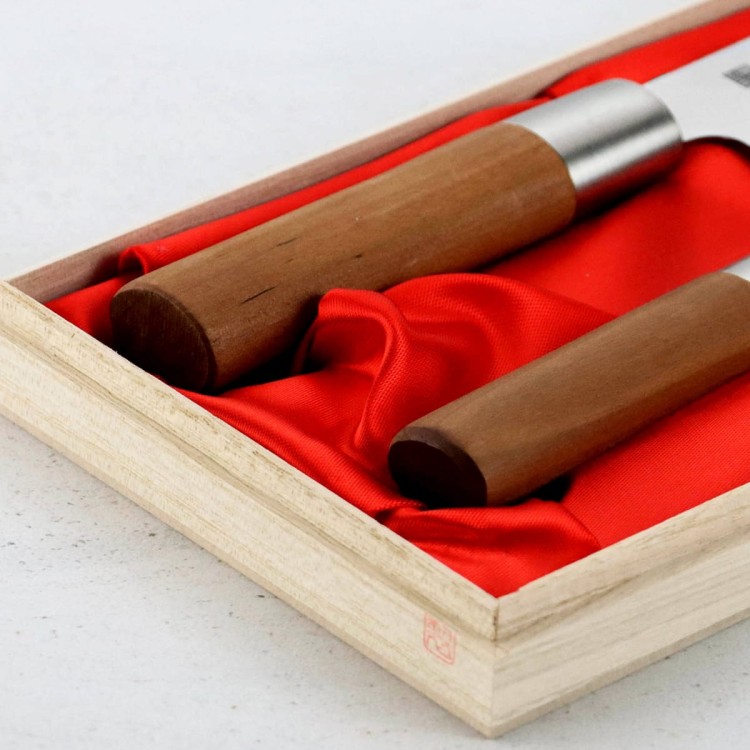 Satake Masamune Japoński Zestaw 2 Noży Nóż Santoku 17cm i Uniwersalny 12cm w Drewnianym Etui