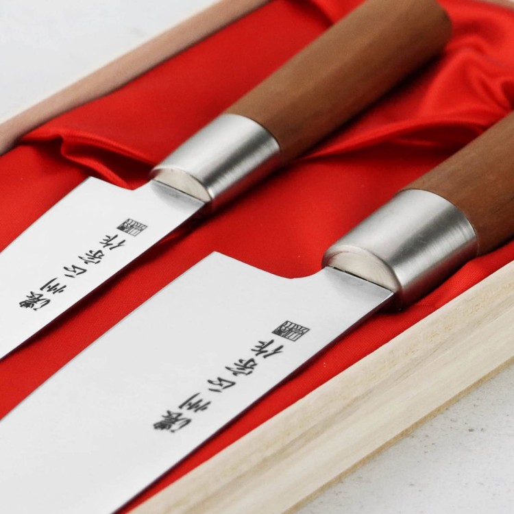 Satake Masamune Japoński Zestaw 2 Noży Nóż Santoku 17cm i Uniwersalny 12cm w Drewnianym Etui