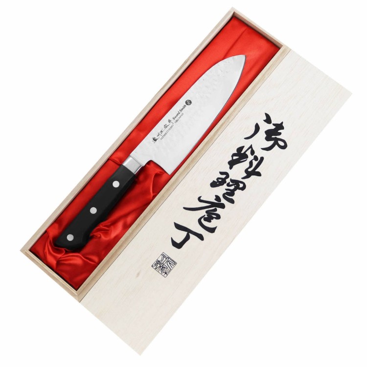 Satake Noushu Japoński Ostry Nóż Kuchenny Santoku 17cm w Drewnianym Pudełku