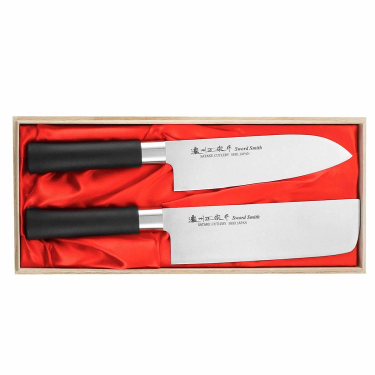 Satake Saku Japoński Zestaw 2 Noży Nóż Santoku 17cm i Nakiri 16cm w Drewnianym Etui