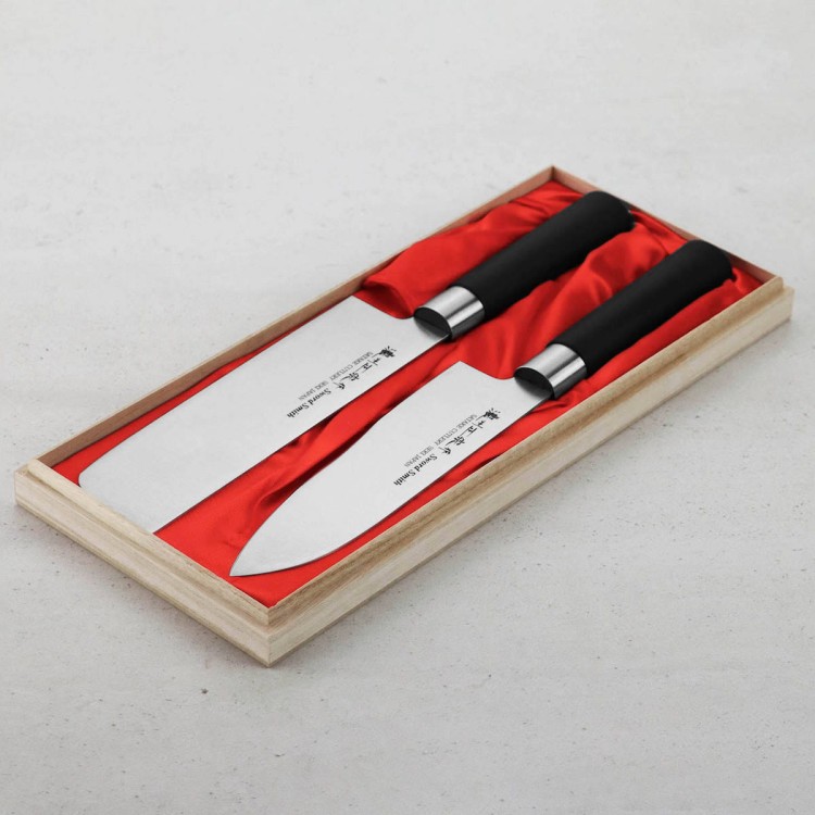 Satake Saku Japoński Zestaw 2 Noży Nóż Santoku 17cm i Nakiri 16cm w Drewnianym Etui