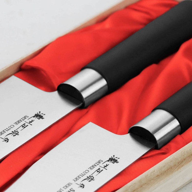 Satake Saku Japoński Zestaw 2 Noży Nóż Santoku 17cm i Nakiri 16cm w Drewnianym Etui