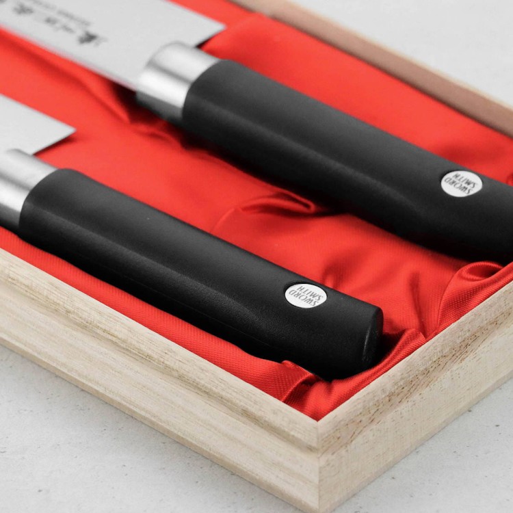 Satake Sword Smith Japoński Zestaw 2 Noży Nóż Santoku 17cm i Szefa Kuchni 18cm w Drewnianym Etui