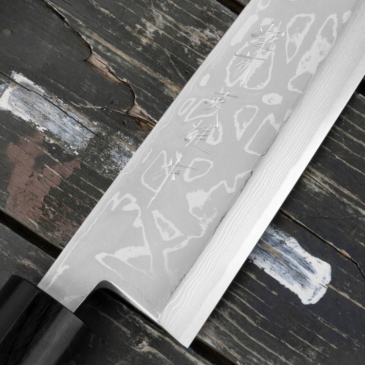 Hideo Kitaoka Shirogami Satin Damascus Japoński Ostry Nóż Miroshi Deba 21cm