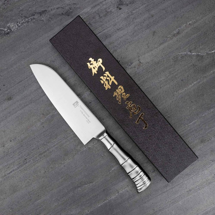 Tamahagane Bamboo VG-5 Japoński Nóż Kuchenny Santoku Do Warzyw 61HRC 17,5cm