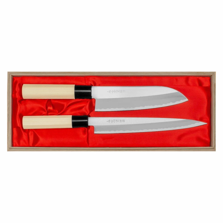 Satake Yoshimitsu Japoński Zestaw 2 Noży Santoku 17cm i Yanagi-Sashimi 21cm w Drewnianym Etui