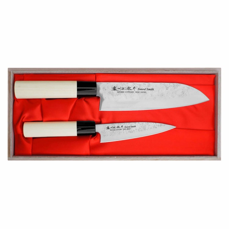Satake Nashiji Natural Japoński Zestaw 2 Noży Santoku 17cm i Uniwersalny 12cm w Drewnianym Etui
