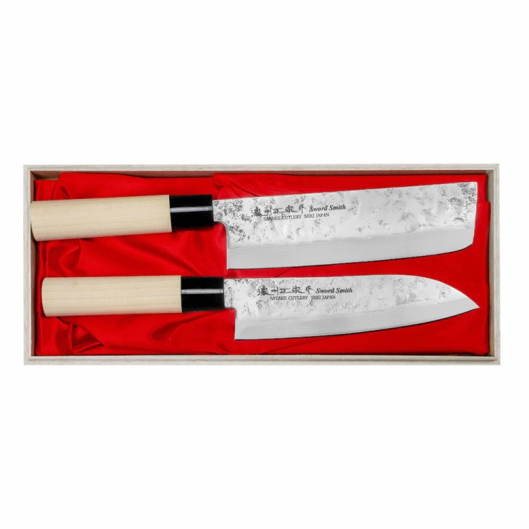 Satake Nashiji Natural Japoński Zestaw 2 Noży Santoku 17cm i Nakiri 16cm w Drewnianym Etui