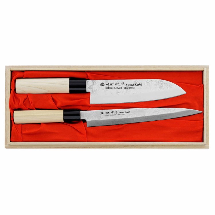 Satake Nashiji Natural Japoński Zestaw 2 Noży Santoku 17cm i Sashimi 21cm w Drewnianym Etui