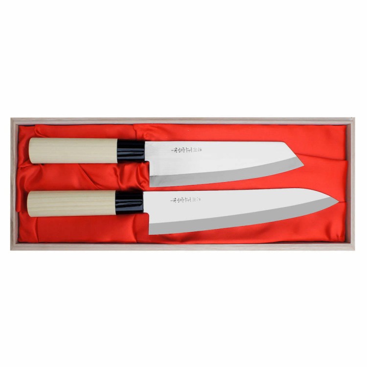 Satake Megumi 420J2 Japoński Zestaw 2 Noży Bunka 17cm i Szefa Kuchni 21cm w Drewnianym Etui