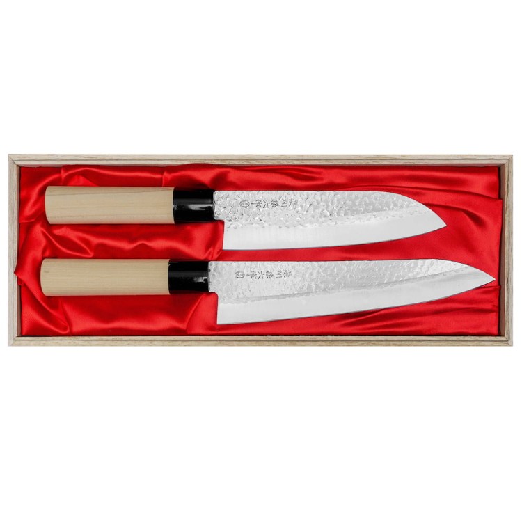 Satake Magoroku Saku Japoński Zestaw 2 Noży Nóż Szefa Kuchni 21cm i Santoku 17cm w Drewnianym Etui