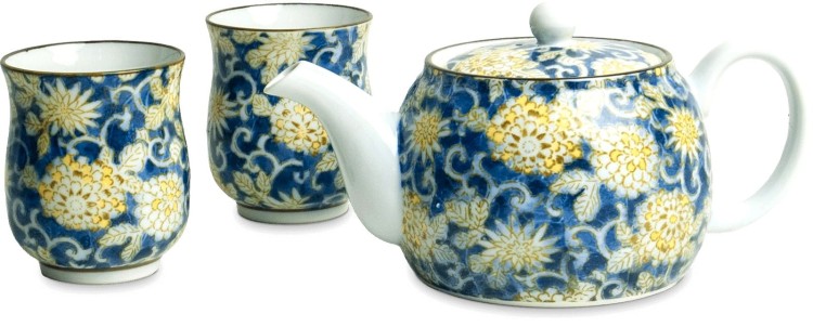 Japoński Elegancki Zestaw Do Herbaty Niebiesko Żółty Kwiatowy Wzór EMRO AZIATICA