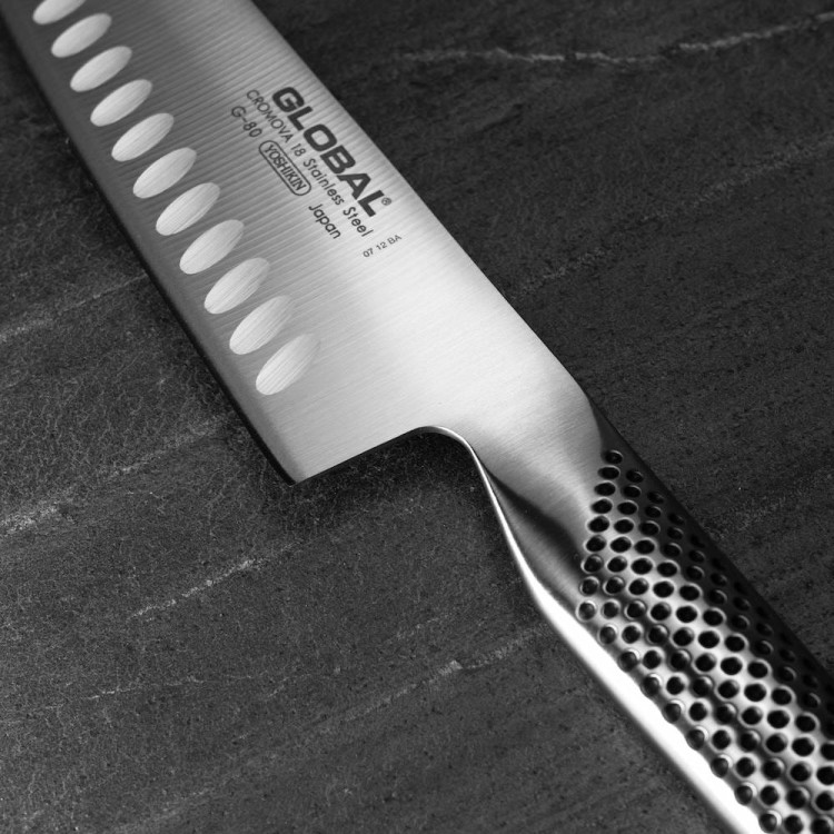 Global Japoński Nóż Kuchenny Santoku Żłobiony Do Warzyw 56-58 HRC 18cm G-80