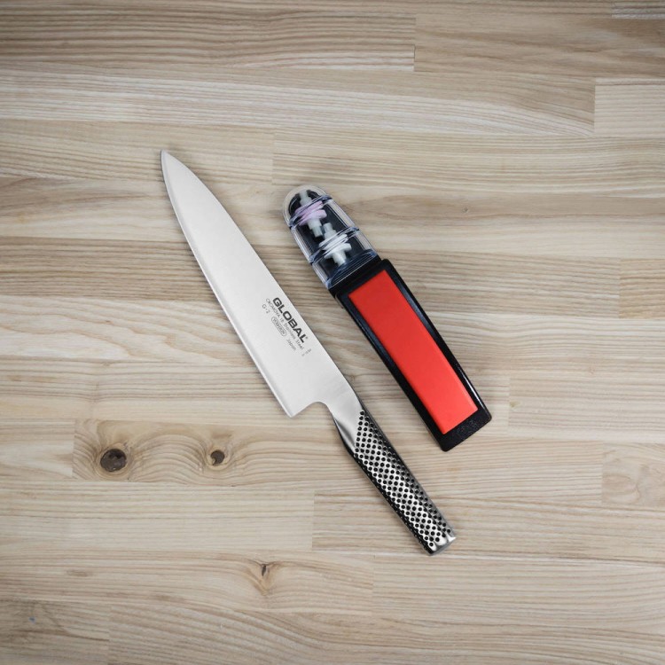 Global Japoński Zestaw Starter Nóż Szefa Kuchni G-2 i Ostrzałka Noży 220/BR