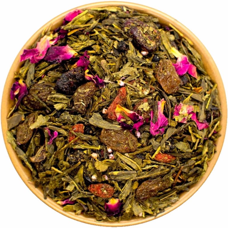 Herbata Zielona Sencha Liściasta Zielone Wzgórze Goji Czarny Bez Maliny 50g SKWORCU