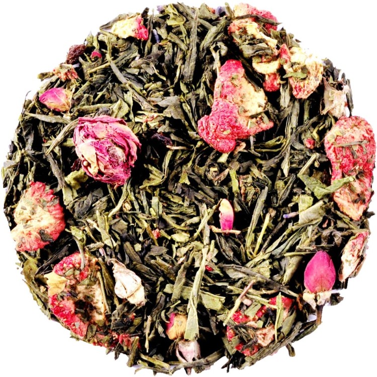 Herbata Zielona Sencha Liściasta Truskawki w Szampanie Pączki Róży Lawenda 50g SKWORCU