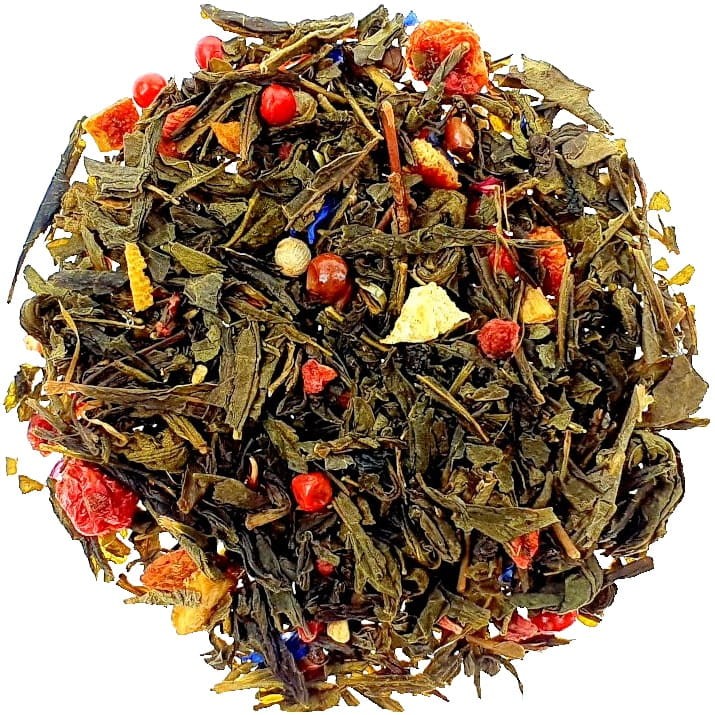 Herbata Zielona Liściasta Sencha Pikantny Romans Truskawki Maliny Imbir 50g SKWORCU