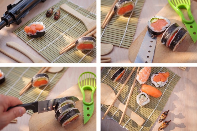 Zestaw Maszynka Roller Do Robienia Sushi Z Rolką Mata Nóż Biała Bazooka