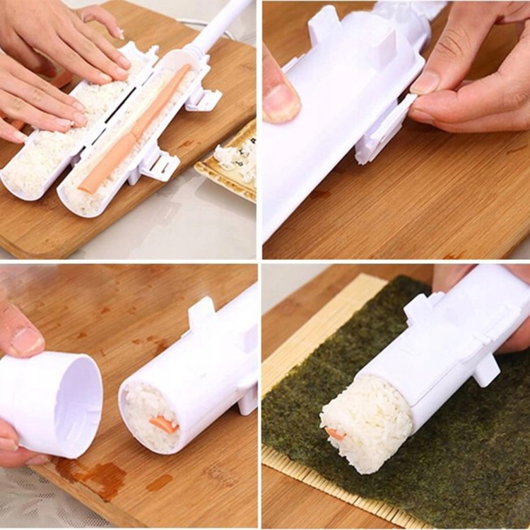 Zestaw Maszynka Roller Do Robienia Sushi Z Rolką Mata Nóż Biała Bazooka