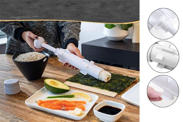 Zestaw Maszynka Roller Do Robienia Sushi Z Rolką Mata Nóż Biała Bazooka
