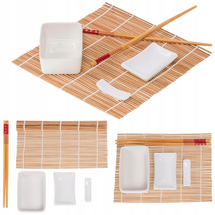 Zestaw Mata i Ceramika Do Serwowania Zawijania Sushi Przekąsek 5 Elementów