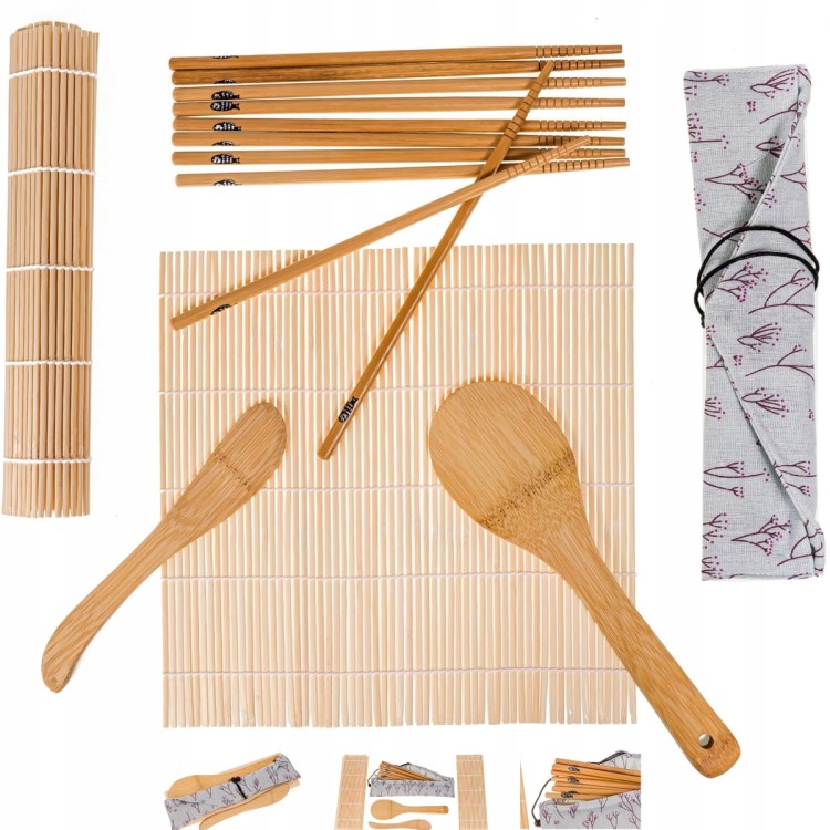 Elegancki Zestaw 9 Produktów 2x Mata Do Zawijania Sushi Pałeczki Łyżka Nóż