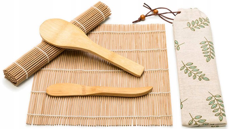 Elegancki Zestaw 9 Produktów 2x Mata Do Zawijania Sushi Pałeczki Łyżka Nóż