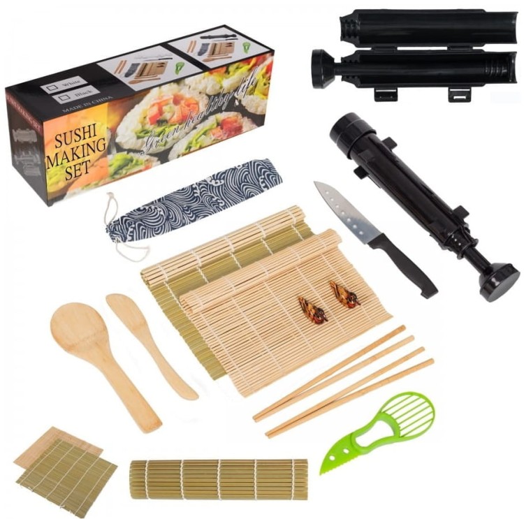 Zestaw Maszynka Roller Do Robienia Sushi Z Rolką Mata Nóż Czarna Bazooka