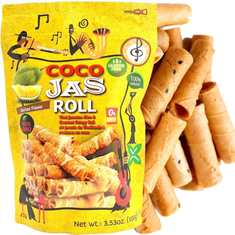 Kokosowo Ryżowe Chrupiące Rurki o Smaku DURIAN Bezglutenowe 100g COCO JAS ROLL