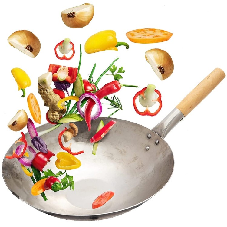 Patelnia Wok RĘCZNIE KUTY Stal Węglowa PŁASKIE DNO 14 Cali 35,5cm PROORIENT