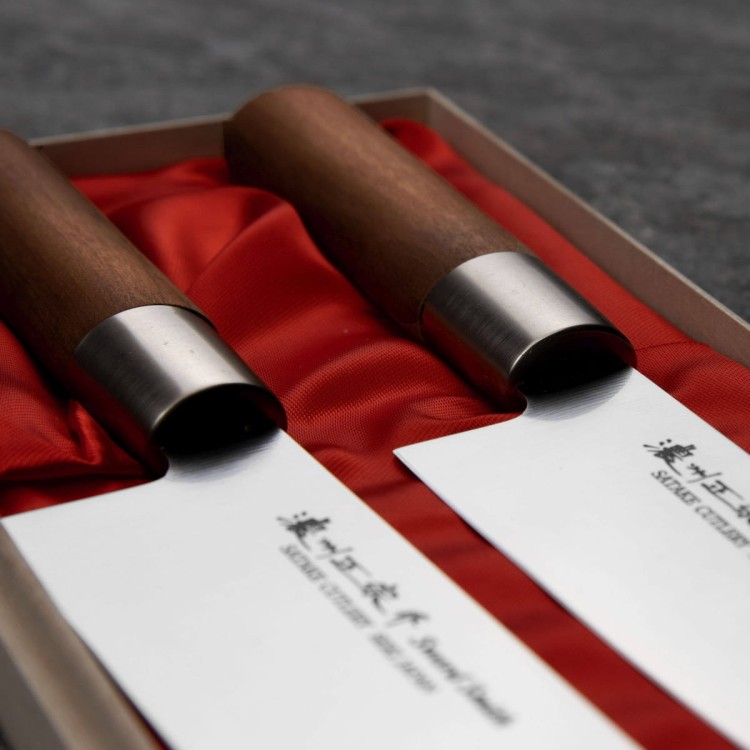 Satake Masamune Japoński Zestaw 2 Noży Nóż Santoku 17cm i Nakiri 16cm w Drewnianym Etui