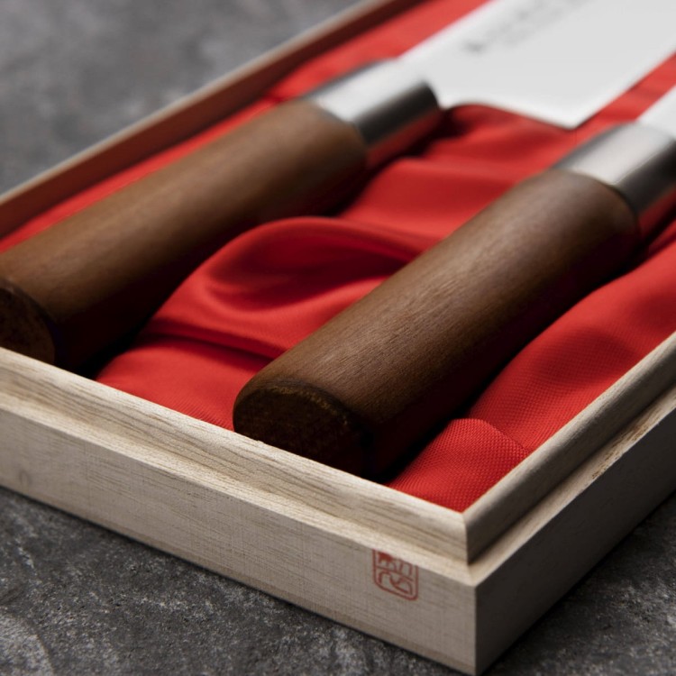 Satake Masamune Japoński Zestaw 2 Noży Nóż Santoku 17cm i Nakiri 16cm w Drewnianym Etui