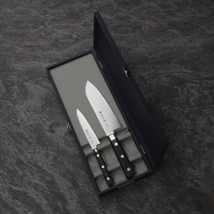 Tojiro Classic Damascus VG-10 Japoński Zestaw 2 Noży Nóż Uniwersalny 12cm i Santoku 17cm w Etui