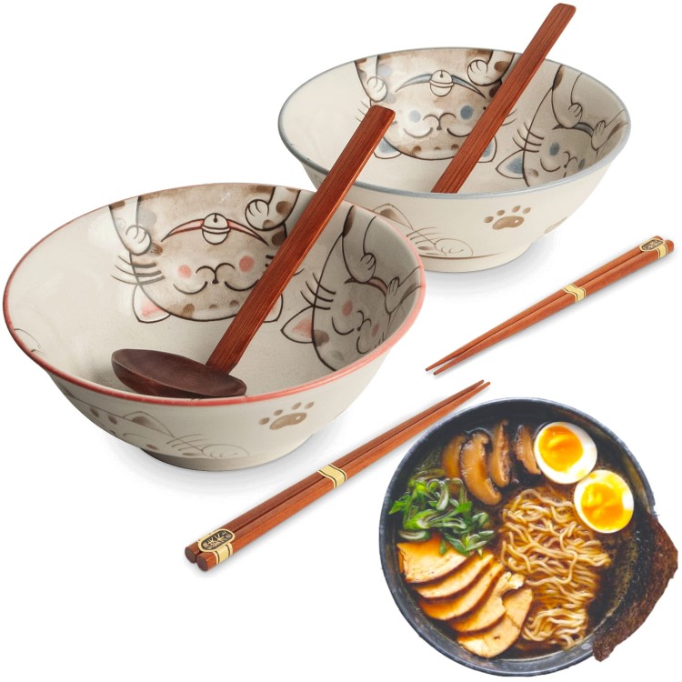 Zestaw Miseczki Chochelki i Pałeczki Do Zupy i Makaronu Ramen Motyw THREE CATS EDO JAPAN