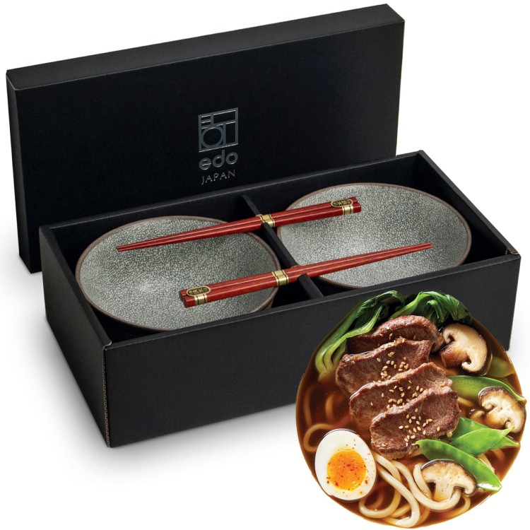 Zestaw Brązowo Szarych Misek 17cm Do Makaronu Zupy Udon z Pałeczkami KOISHI EDO JAPAN