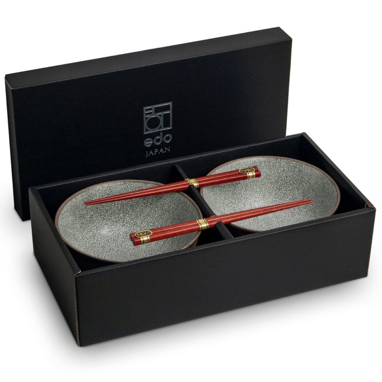 Zestaw Brązowo Szarych Misek 17cm Do Makaronu Zupy Udon z Pałeczkami KOISHI EDO JAPAN