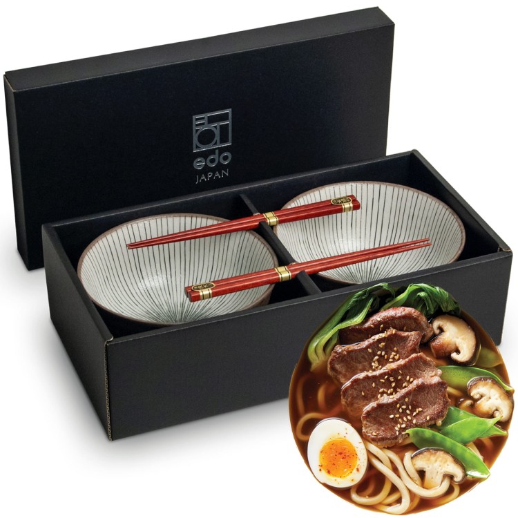 Zestaw Jasnych Misek 17cm Do Makaronu Zupy Udon z Pałeczkami SHIMA EDO JAPAN