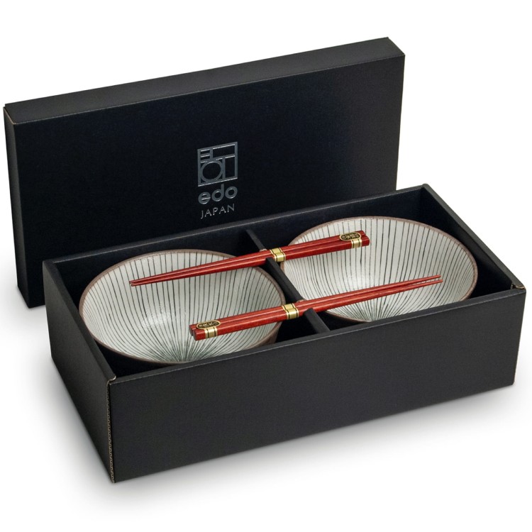 Zestaw Jasnych Misek 17cm Do Makaronu Zupy Udon z Pałeczkami SHIMA EDO JAPAN