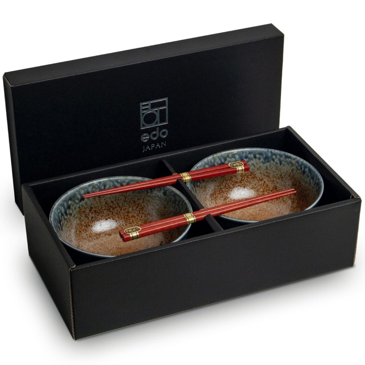 Zestaw Brązowo Niebieskich Misek 17cm KI Do Makaronu Zupy Udon z Pałeczkami EDO JAPAN