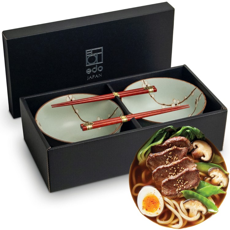 Zestaw Zielonych Misek 17cm HANA LIGHT GREEN Do Makaronu Zupy Udon z Pałeczkami EDO JAPAN