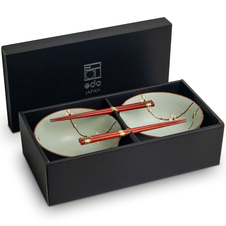 Zestaw Zielonych Misek 17cm HANA LIGHT GREEN Do Makaronu Zupy Udon z Pałeczkami EDO JAPAN