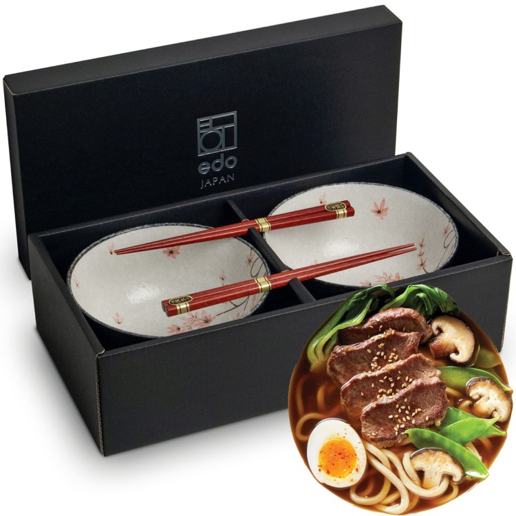 Zestaw Jasnych Misek 17cm MAPLE LEAF Do Makaronu Zupy Udon z Pałeczkami EDO JAPAN