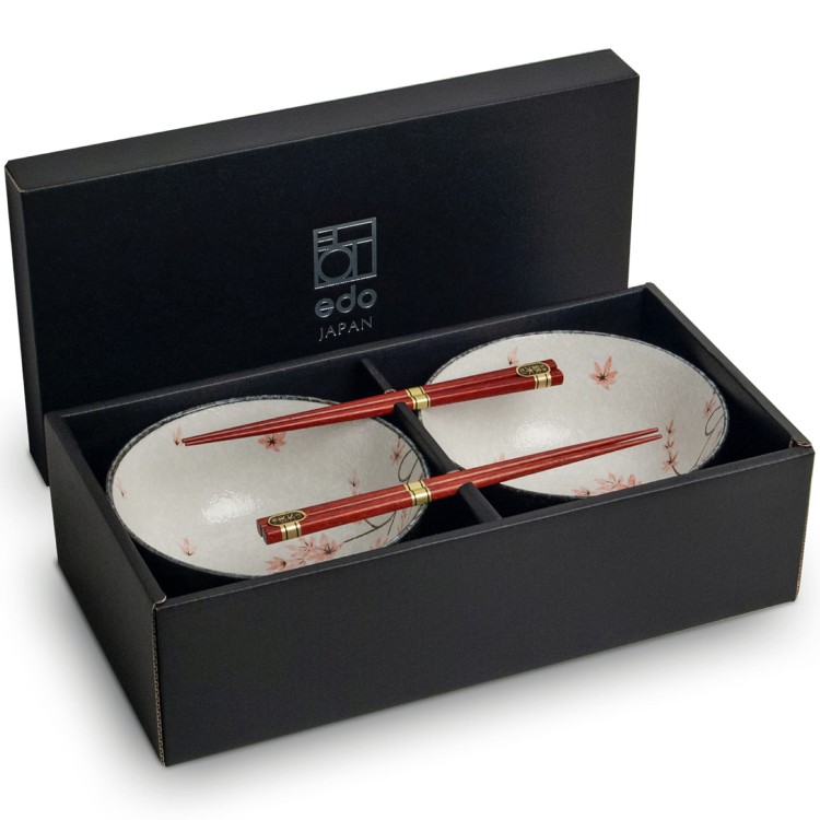 Zestaw Jasnych Misek 17cm MAPLE LEAF Do Makaronu Zupy Udon z Pałeczkami EDO JAPAN