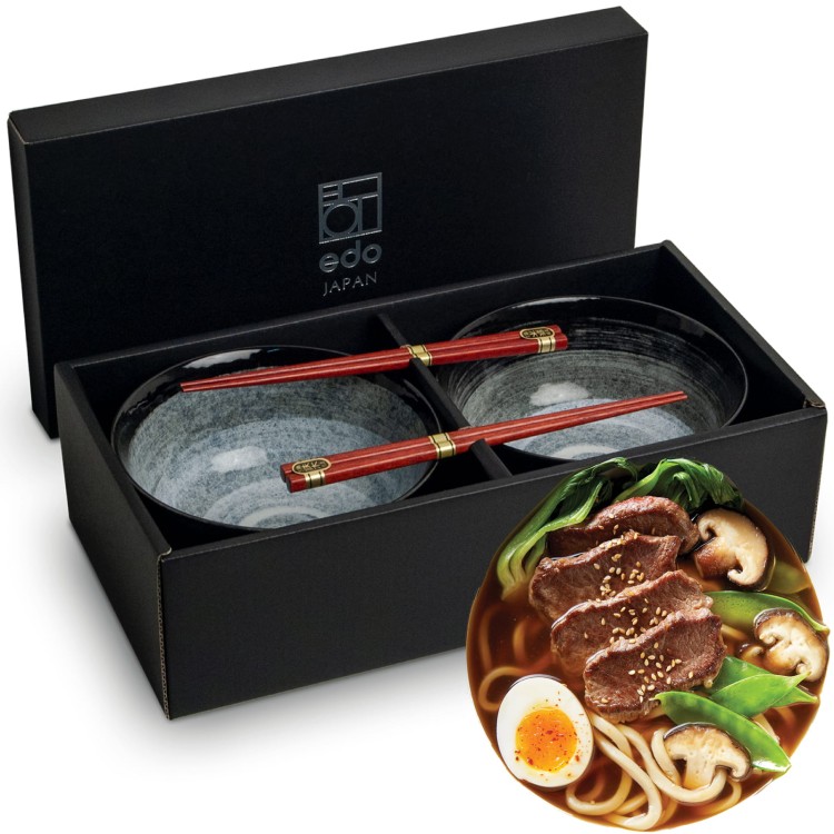Zestaw Ciemno Szarych Misek 17cm KURO Do Makaronu Zupy Udon z Pałeczkami EDO JAPAN