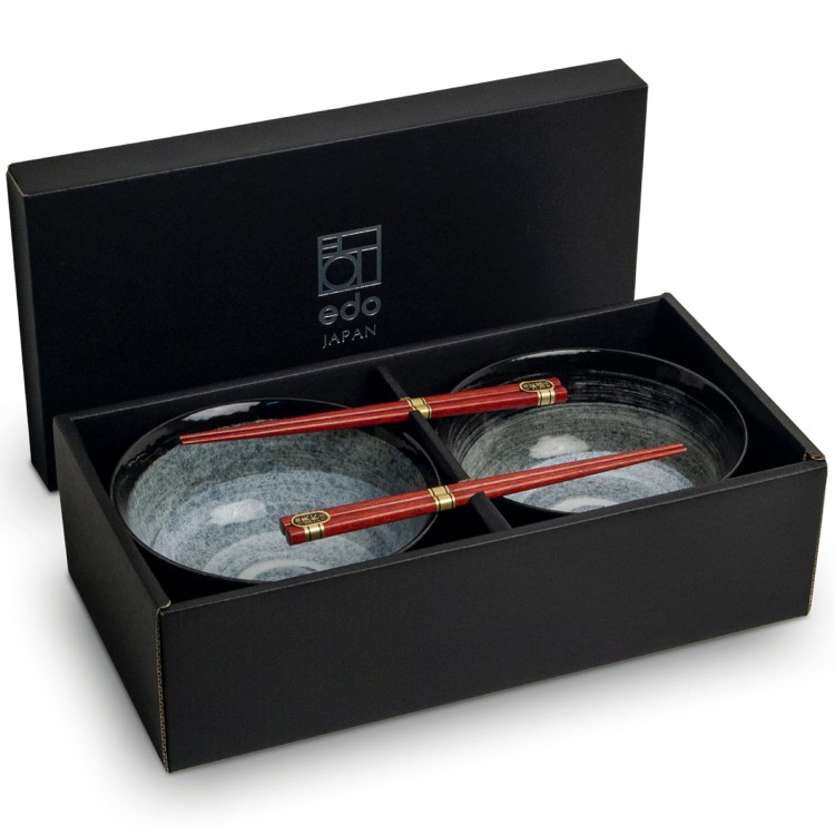 Zestaw Ciemno Szarych Misek 17cm KURO Do Makaronu Zupy Udon z Pałeczkami EDO JAPAN