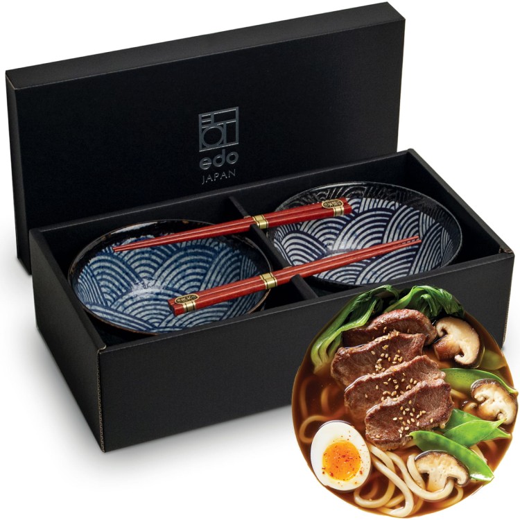 Zestaw Niebieskich Misek 17cm JAPANESE WAVE Do Makaronu Zupy Udon z Pałeczkami EDO JAPAN