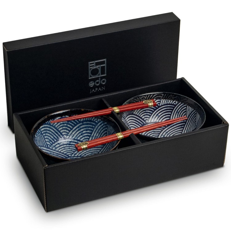 Zestaw Niebieskich Misek 17cm JAPANESE WAVE Do Makaronu Zupy Udon z Pałeczkami EDO JAPAN