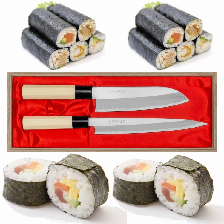 Satake Yoshimitsu Japoński Zestaw 2 Noży Santoku 17cm i Yanagi-Sashimi 21cm w Drewnianym Etui