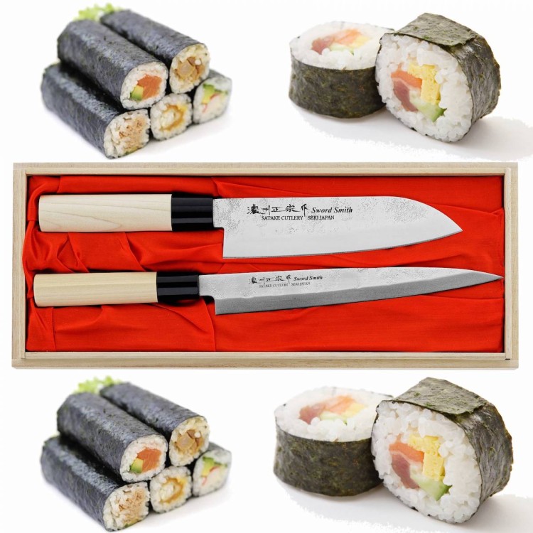 Satake Nashiji Natural Japoński Zestaw 2 Noży Santoku 17cm i Sashimi 21cm w Drewnianym Etui